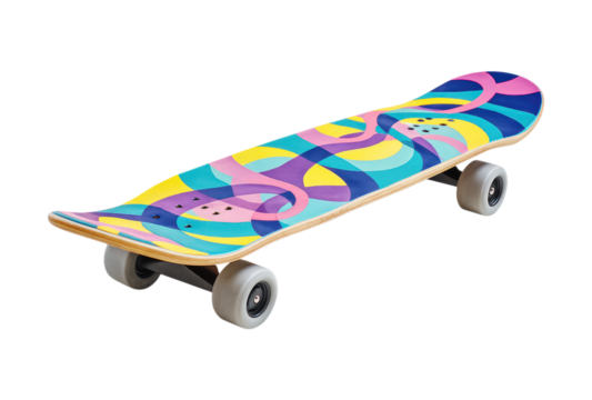 A vibrant longboard skateboard with a colorful abstract wavy graphic design, black trucks, and grey wheels, Isolated on Transparent and White Background