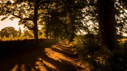 Obraz premium Sunset over a quiet country road with warm golden tones and long tree shadows. 