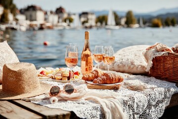 Romantic picnic setup on a wooden dock by a lake, featuring rose wine, croissants, fruit, and a straw hat, creating a serene and idyllic scene