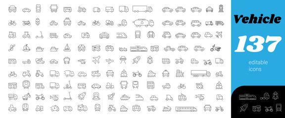 Vehicle icon set - Line black icon - Vehicle Line Editable Icons set. Vector illustration in modern thin line style of transport icon types: taxi, train, helicopter, bus, ship, plane, tram and more