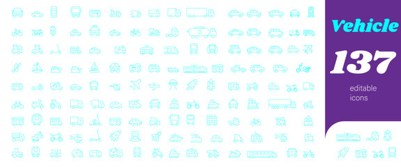 Vehicle icon set - Line cyan icon - Vehicle Line Editable Icons set. Vector illustration in modern thin line style of transport icon types: taxi, train, helicopter, bus, ship, plane, tram and more