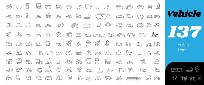 Vehicle icon set - Line black icon - Vehicle Line Editable Icons set. Vector illustration in modern thin line style of transport icon types: taxi, train, helicopter, bus, ship, plane, tram and more