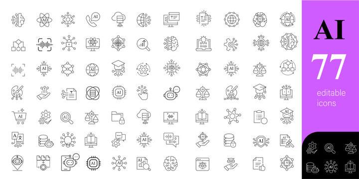 AI icon set | Artificial Intelligence Line Editable Icons set. Vector illustration in modern thin line style of AI technology and possibilities, machine learning, smart robotic with black colour