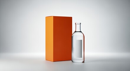 A clear glass bottle with a blank label sits beside a vibrant orange box, ready for product placement or branding.