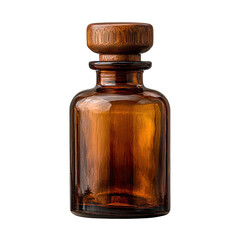 Amber glass bottle with wooden stopper.  A small,  round-shouldered amber glass bottle,  filled...