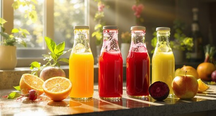 Four bottles of fresh juice in sunlight