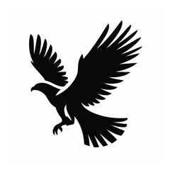 Vector art of a striking black silhouette of an eagle in midflight, with wings spread wide, isolated on a clean white background