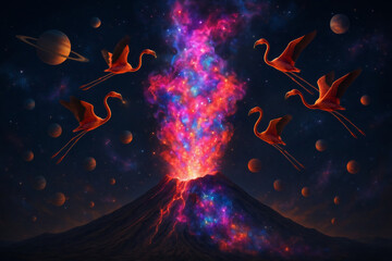 Landscape of volcano erupting star clusters instead of lava, with floating flamingos that sing binary code