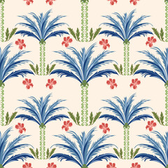 Abstract botanic background,Palm tree and coconut trees isolated background,digital seamless pattern,graphic ogee geometrical ,illustration repeat design print shapes ogee.Hawaii summer background.