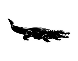 Silhouette of a crocodile crawling forward, side profile, vector shape