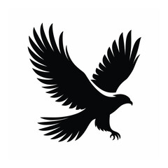 Obraz premium Vector art of a striking black silhouette of an eagle in midflight, with wings spread wide, isolated on a white background