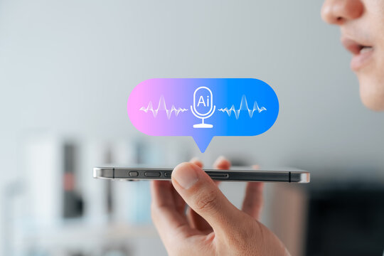 AI voice assistant technology concept. Close-up of man using speech recognition on smartphone with virtual microphone icon and soundwave. Future of mobile AI interface.