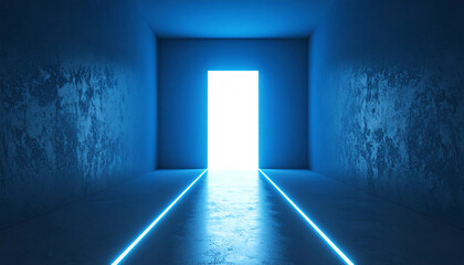 A brightly lit door opens and a neon sign appears against the concrete interior.