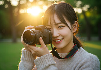 Woman Photographer at Golden Hour. Capturing Moments. August 19 World Photography Day