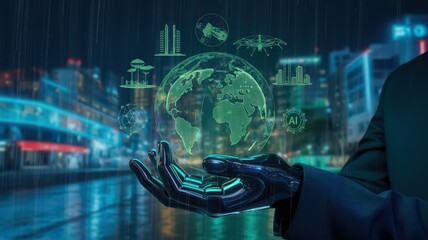 Futuristic hand holding glowing Earth globe with city icons and A I symbol in rainy cityscape