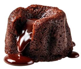 Close-up of a rich chocolate lava cake.  Melted chocolate centers the cake, oozing out.  Dark brown, textured crust