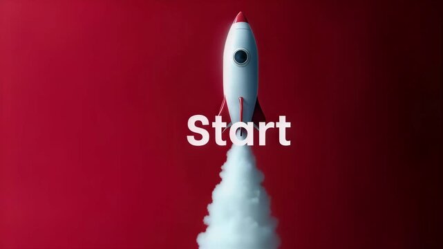 A rocket ship taking off against a red background with the word Start. The image evokes the feeling of launching or beginning something new. The composition is clean and dynamic.
