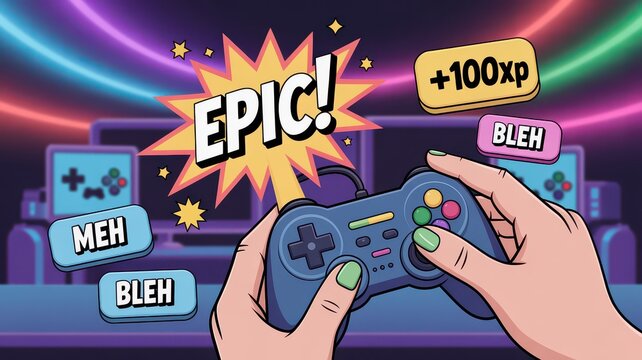 Gamer holding a blue controller with " E P I C" text bubble and " M E H" and " B L E H" buttons - Powered by Adobe