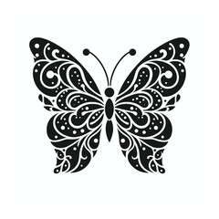 Vector art of an ornate black butterfly silhouette with intricate swirling patterns, isolated on a white background