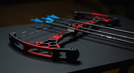 Obraz premium Compound bow, arrows on dark surface
