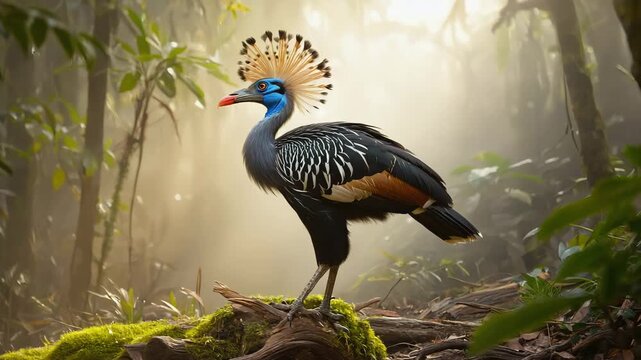 Long wattled Umbrellabird Standing on Mossy Log in Misty Rainforest