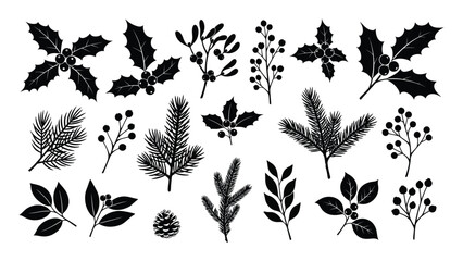 A large collection of winter botanical silhouettes, featuring black graphic icons of holly, pine, and mistletoe for seasonal decoration.