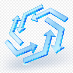 3D blue glass circular arrows icon on transparent background. Ideal for process, cycle, update, refresh, or workflow design concepts. Vector illustration.
