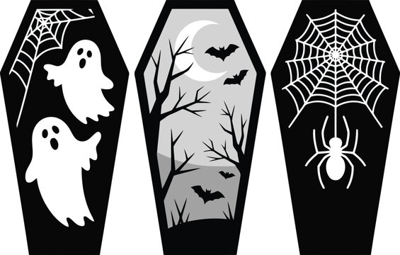 Vector art of halloween coffin designs featuring ghosts, bats, and spiders