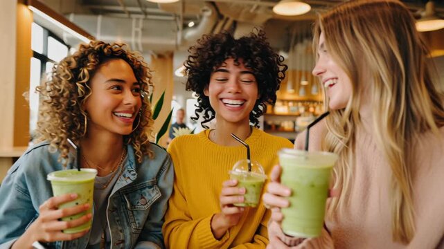 Diverse Friends Socializing and Drinking Matcha Lattes Together in Modern Cafe
