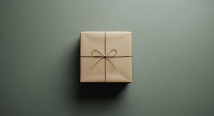 A simply wrapped gift box tied with twine sits on a gray background, perfect for minimalist holiday or birthday celebrations.