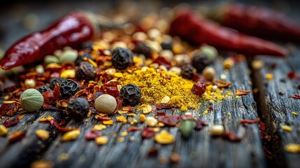 Colorful spices and chilies on rustic wood