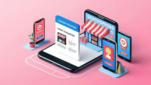 Online shopping sites, mobile apps, digital marketing stores, smartphone storefront icons displayed on screen. 4k video
