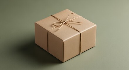 Obraz premium A simple, rustic gift box tied with twine sits on a muted green background, perfect for minimalist branding or holiday imagery.