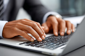 Professional Typing Session at an Office Desk With Focus on Hands and Laptop During a Busy Workday