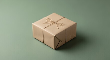 Obraz premium A simply wrapped gift box sits on a muted green background, tied with twine, ready for giving or receiving.