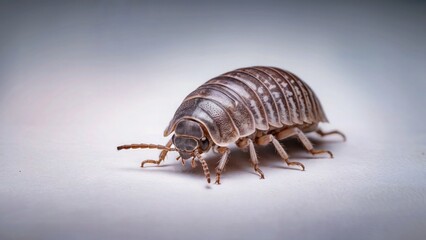 A close up shot of a pill bug on a white surface with visible legs and segmented body structure clearly seen