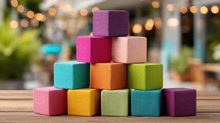 Colorful wooden blocks pyramid on a table, blurred background