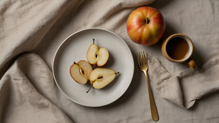 Still life featuring fresh fruit, coffee, and elegant tableware on a neutral linen background, top down view.