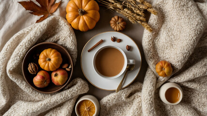 Cozy autumn scene with pumpkins, seasonal fruit, and warm beverages on a textured blanket backdrop.