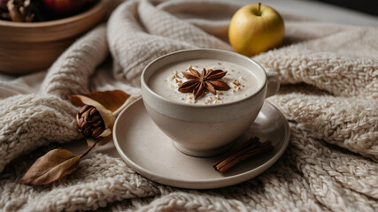 Cozy Beverage with Spices: A warm drink topped with star anise on a knitted blanket, evoking fall comfort.