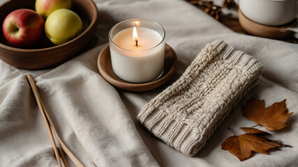Cozy autumn scene with a candle, knitted scarf, apples, and fall leaves creating a warm and inviting atmosphere.