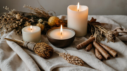 Candles and Dried Botanicals: A warm ambiance with lit candles, dried foliage, and natural textures.