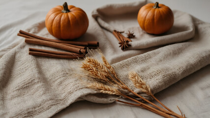 Autumn Still Life: Pumpkins, cinnamon sticks, star anise, and wheat on a textured cloth backdrop.