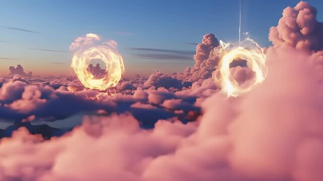 Hell Gate Opening in the Sky with Flaming Circular Portals over Clouds