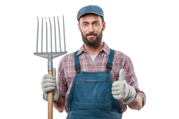 Bearded man in denim overalls and plaid shirt holding pitchfork giving thumbs up isolated on a transparent background