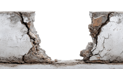 Broken concrete wall with rough texture and deep cracks isolated on a transparent background damaged