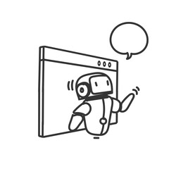 robot on web page and bubble talk illustration in doodle cartoon style