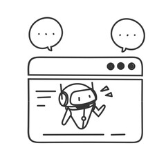 robot on web page and bubble talk illustration in doodle cartoon style