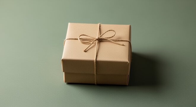 A simple, rustic gift box tied with twine sits on a muted green background, perfect for minimalist holiday or birthday imagery.