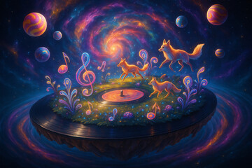 Dreamy landscape of The Vinyl Island of Cosmic Melody Foxes